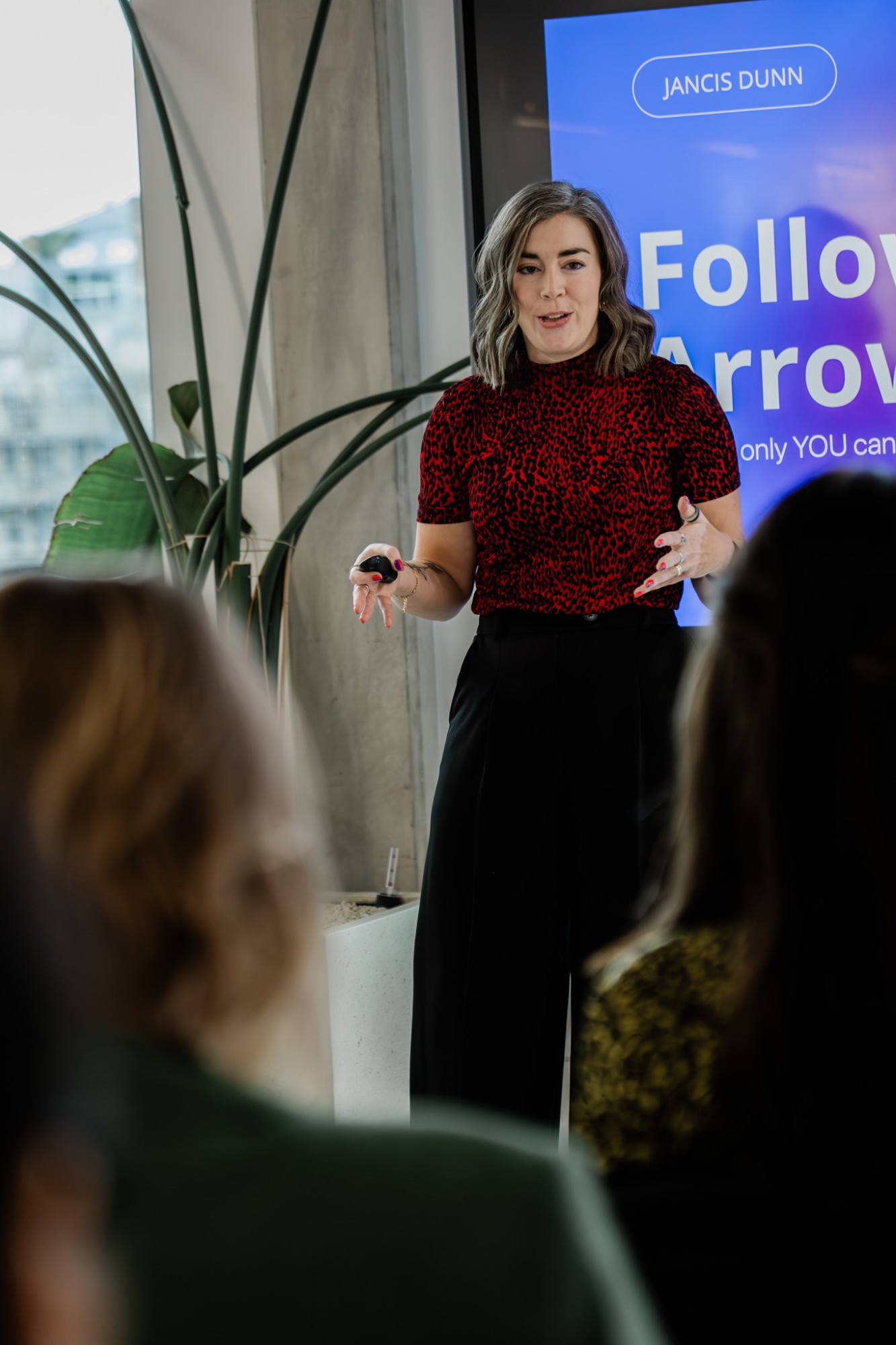 Jancis Dunn speaking to a group at a Follow Your Arrow workshop